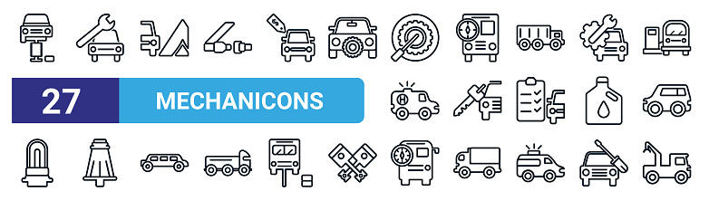 set of 27 thin line mechanicons icons such as changing car tire, car with wrench, triangular tent, bus with compass, car key, hine connector plug, bus with a compass, crane vector icons for mobile