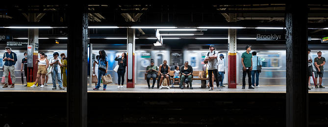 NEW YORK CITY - JULY 20, 2023: subway station Brooklyn Bridge in New York city on July 20, 2023