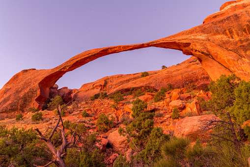 A hiker at Jacob Hamblin Arch in Coyote Gulch, Grand Staircase-Escalante National Monument, Utah, United States