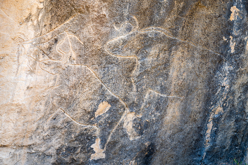 Ancient rock carving dating from between 5,000 and 20,000 years found in the area of Gobustan close to Baku, capital city of Azerbaijan