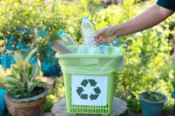 istock Plastic bottle waste for recycling, reuse concept. Volunteers store plastic bottles in cardboard boxes at a park. Disposal, recycling and waste management. Good conscience. 1564320235