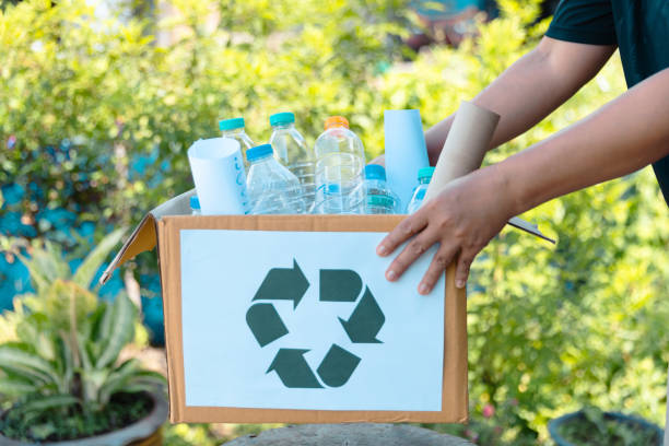 istock Plastic bottle waste for recycling, reuse concept. Volunteers store plastic bottles in cardboard boxes at a park. Disposal, recycling and waste management. Good conscience. 1564321788
