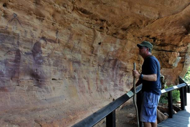 homem australiano olha para a pintura de arte rupestre indígena australiana península de cape york queensland austrália - aboriginal rock art - fotografias e filmes do acervo