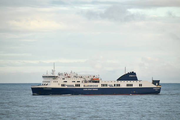 Wellington, New Zealand, May 19, 2023:The Bluebridge ferry Connemara crossing Cook Strait to Wellington, as seen from the Interislander ferry Atarere