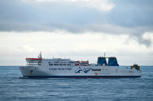 Wellington, New Zealand, May 19, 2023:The Interislander ferry Kaiarahi crossing Cook Strait to Wellington, as seen from the Interislander ferry Atarere