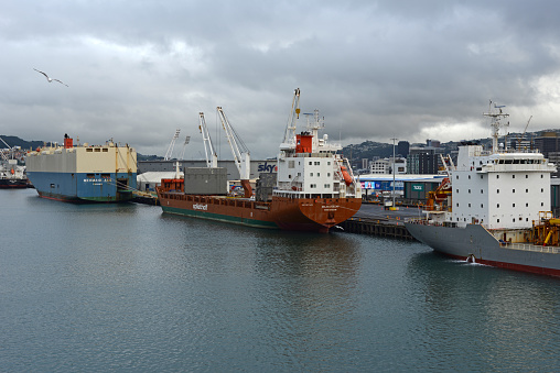 Wellington, New Zealand, May 19, 2023:The container ship TS Qingdao being unloaded at the port of  Wellington, along with the Maasgracht, the Mermaid Ace and the Buffalo.