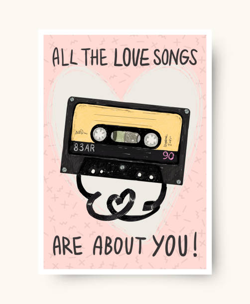 illustrazioni stock, clip art, cartoni animati e icone di tendenza di illustrazione di audiocassette vintage con cuore e frase tutte le canzoni d'amore parlano di te. poster vettoriale, carta, banner d'amore. - short phrase audio