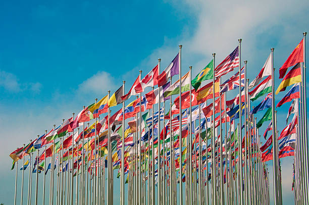 bandeiras do mundo - prédio das nações unidas - fotografias e filmes do acervo
