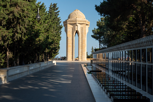 National monument to the fallen soldiers and people of Azerbaijan located at the end of the Martyr's Lane. The stone landmark houses an eternal flame and overlooks the capital city of Baku.