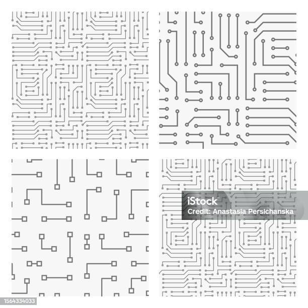 Electronics Pattern Circit Collection Of 4 Seamless Monochrome Electronic Pattern Vector ...