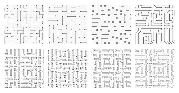 Electronics Pattern Circit Collection Of 8 Seamless Monochrome Electronic Pattern Vector ...