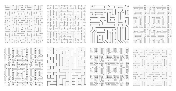 Collection of 8 seamless monochrome electronic pattern. Vector illustrations of circuit board. Cyber high-tech textures.