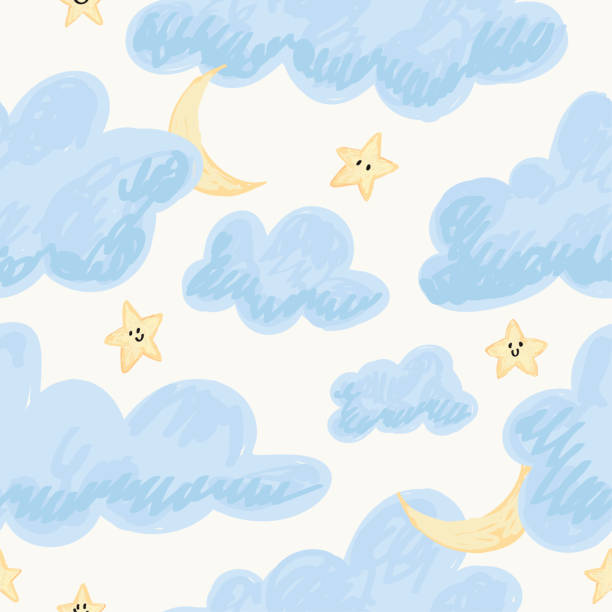 istock Seamless pattern with cute cartoon clouds. Vector childish background with sky, moon and stars. Hand drawn doodle texture for your design. 1564340316
