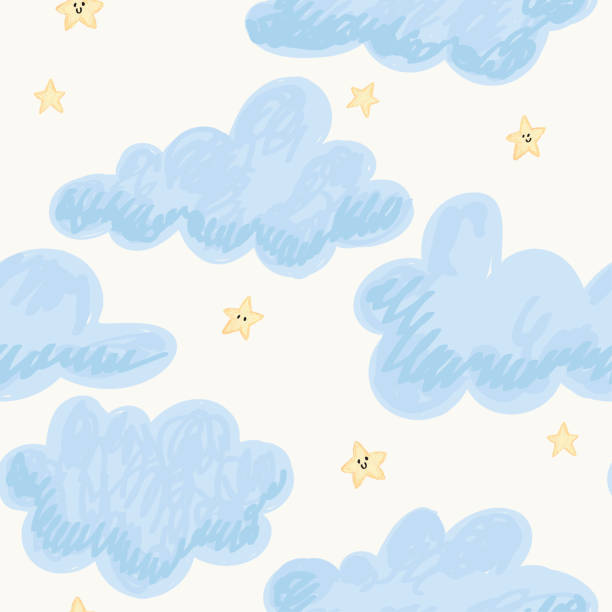 istock Seamless pattern with cute cartoon clouds. Vector childish background with sky and stars. Hand drawn doodle texture for your design. 1564340903