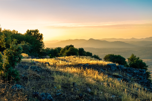 Sunset over the mountains of central Spain in the province of Ciudad Real, La Mancha
