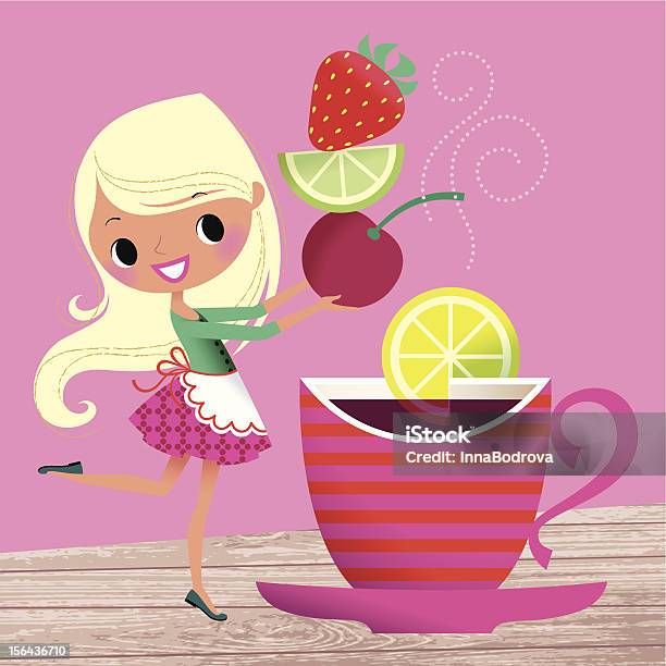 Dziewczyna I Filiżanki Herbaty Z Owoców - Stockowe grafiki wektorowe i więcej obrazów Filiżanka do herbaty - Filiżanka do herbaty, Humor, Clip Art