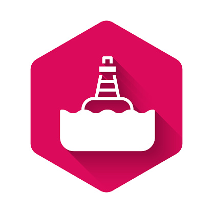 White Floating buoy on the sea icon isolated with long shadow background. Pink hexagon button. Vector.