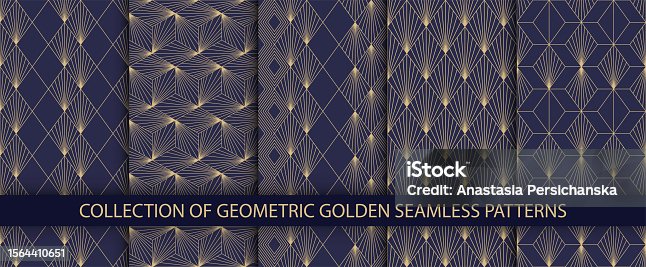 istock Luxury geometric abstract pattern set. Collection of seamless vector backgrounds. Dark blue and gold texture. Graphic modern pattern 1564410651