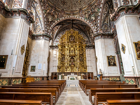 Burgos, Spain - Jun 17, 2023: Interior of the Burgos Cathedral in Castilla y Leon, Spain. Unesco World Heritage Site. Erected on top a Romanesque temple, following a Norman French Gothic model.