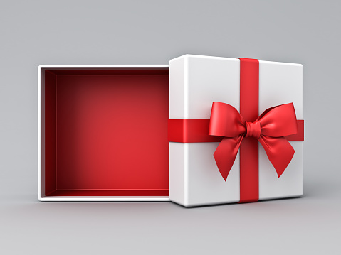 White gift box open with blank red bottom box or top view of present box tied with red ribbon and bow isolated on grey white background with shadow minimal conceptual 3D rendering