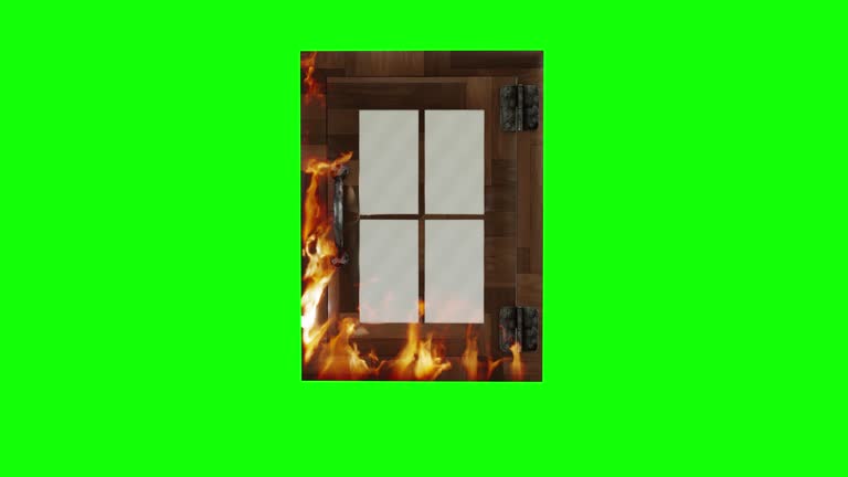 a window on fire. animation of a window burning on a green background. a burnt wooden window