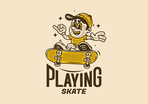 Playing skate, Mascot character design of a boy on a skateboard