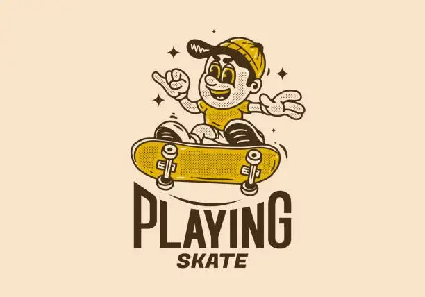 Vector illustration of Playing skate, Mascot character of a boy on a skateboard