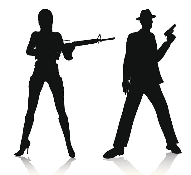 menschen silhouetten mit waffe - gun women handgun armed forces stock-grafiken, -clipart, -cartoons und -symbole