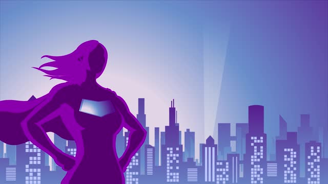 Looping Close-up Solo Female Superhero in a City Silhouette Stock Animation Video