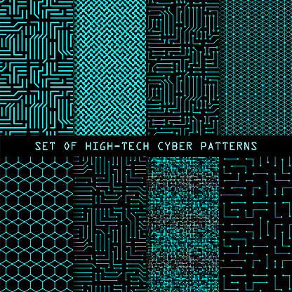 Set of seamless cyber patterns. Circuit board texture. Collection of digital high tech style vector backgrounds