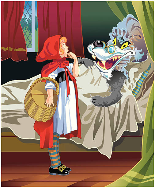 Little Red Riding Hood and Big Bad Wolf Vector illustration of Little Red Riding Hood in bedroom visiting the Big bad Wolf woman feet bed stock illustrations