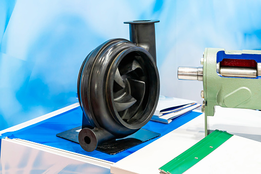close up black color volute housing or case and impeller of centrifugal pump for industrial