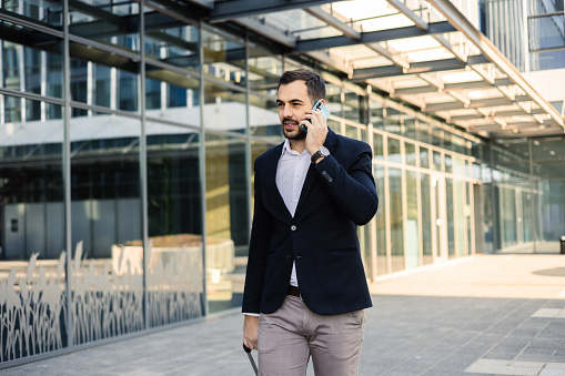 Portrait of a young businessman going on a business travel and telephoning on the move