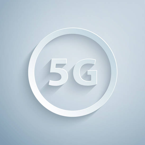 istock Paper cut 5G new wireless internet wifi connection icon isolated on grey background. Global network high speed connection data rate technology. Paper art style. Vector 1564612034