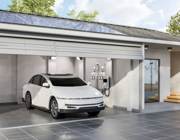 istock Solar panel on roof generate electricity for home garage with ev charger 1564615201