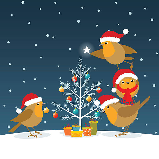 lustiger weihnachten robins - rotkehlchen stock-grafiken, -clipart, -cartoons und -symbole