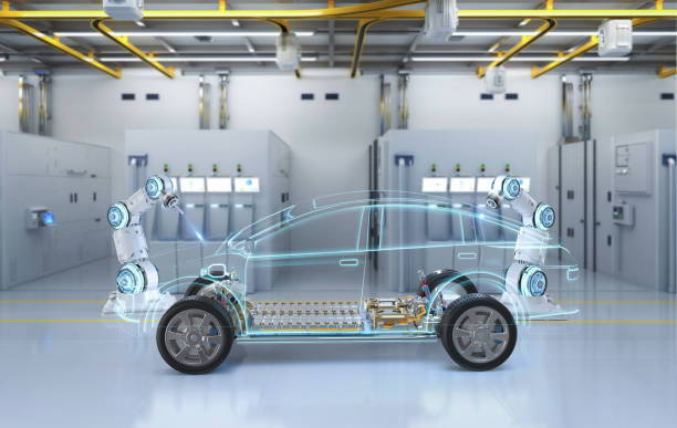 istock Robot assembly line with electric car battery cells module on platform 1564616794