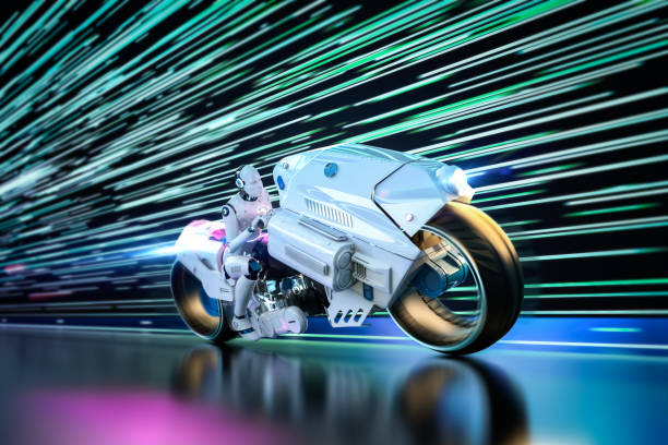 istock Racing technology with robot riding on motorbike with speed 1564617839