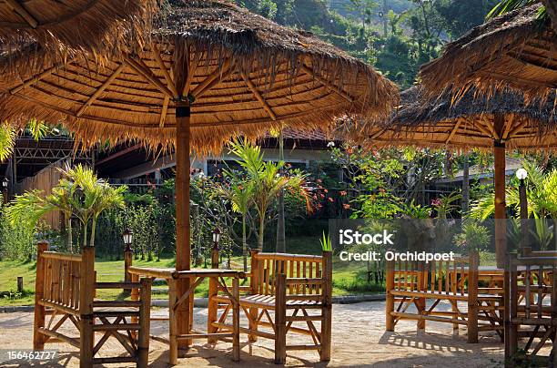 Resort Tropicale Con Cardo Mobili E Ombrelloni - Fotografie stock e altre immagini di Ambientazione esterna - Ambientazione esterna, Bambù - Materiale, Capanna
