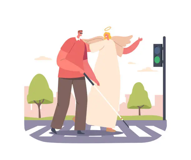 Vector illustration of Angel Keeper Guides Blind Man Safely Across The Road, Offering Support And Assistance In Navigating The Bustling Traffic