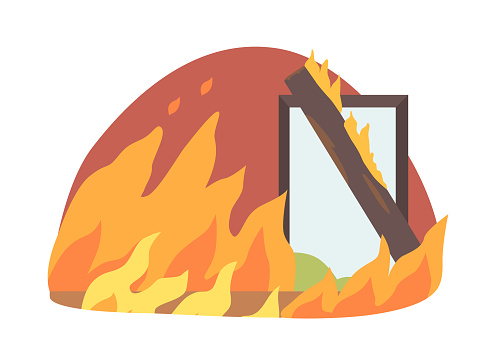 Intense And Devastating Burning House Engulfs In Flames, Engulfing Everything In Its Path, Leaving Behind Destruction And Loss. Dangerous Fire inside of Building. Cartoon Vector Illustration