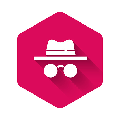 White Incognito mode icon isolated with long shadow. Pink hexagon button. Vector