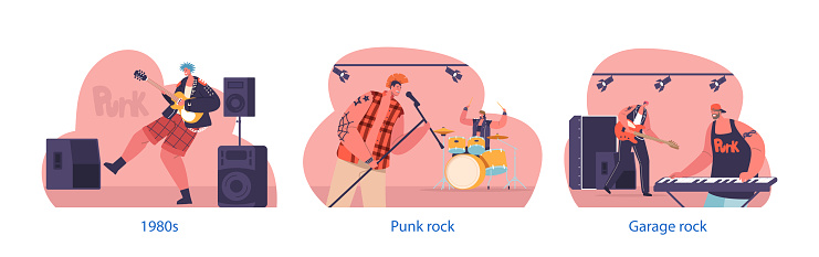 Isolated Elements with Punk Rock Musicians Band Embody Raw And Unapologetic Sound. They Use Fast-paced Guitar Riffs, Aggressive Vocals To Challenge Societal Norms. Cartoon People Vector Illustration
