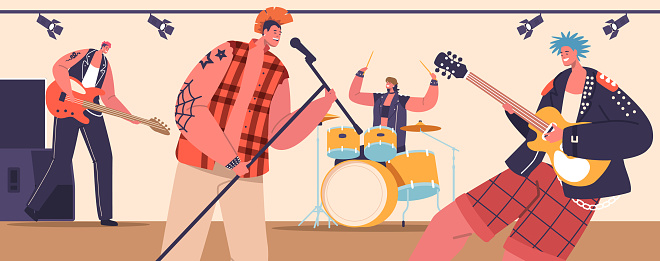 Rebellious Musicians Creating Loud, Fast-paced Music With Guitars. Punk Rockers Pushing Boundaries And Challenging Societal Norms Through Their Music And Style. Cartoon People Vector Illustration