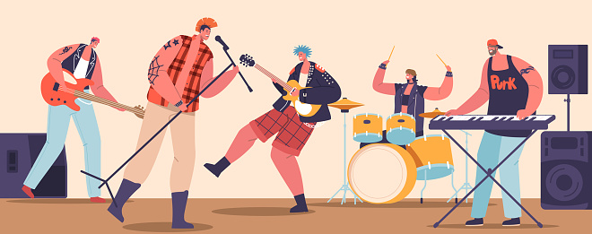 Punk Rock Musicians Create Raw, Aggressive Music By Guitars, Pounding Drums, And Politically Charged Lyrics, Challenging Societal Norms And Advocating For Change. Cartoon People Vector Illustration