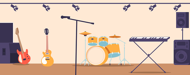 Energetic Scene Interior With Electric Guitars, Pounding Drums, Synthesizer, Microphones, Dynamics And Pulsating Bass, Creating A Dynamic Atmosphere Of Rock Music. Cartoon Vector Illustration