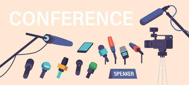 Set of Icons Press Conference or Briefing Themed. Speaker Nameplate, Journalist Equipment, Microphones, Smartphones Set of Icons Press Conference or Briefing Themed. Speaker Nameplate, Journalist Equipment, Microphones, Smartphones, Dictaphone, Camera Isolated Elements Collection. Cartoon Vector Illustration, interview seminar microphone inside of stock illustrations