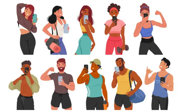 Vector illustration of Fitness Enthusiasts Male and Female Characters Capturing Their Workout Triumphs With Selfies In The Gym, Vector