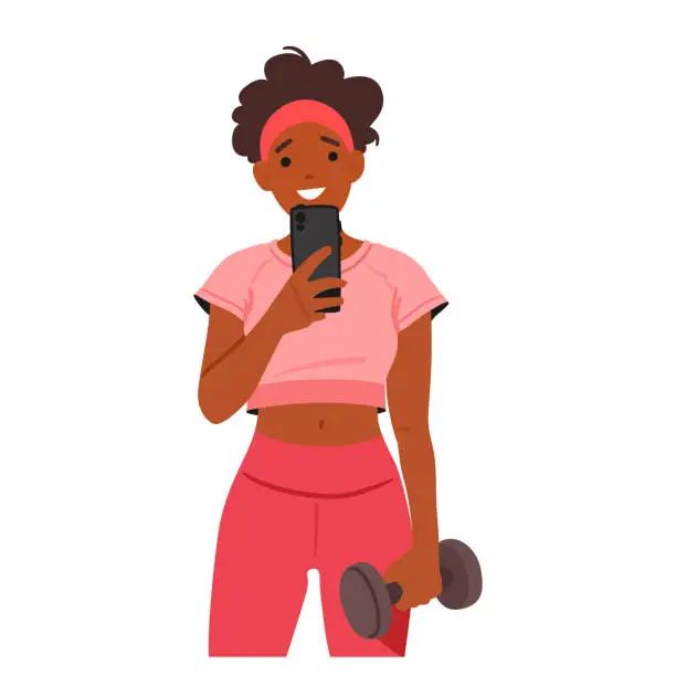 Vector illustration of Woman In Gym with Dumbbell Taking A Selfie. Young Fit Female Character Capturing Her Progress, Vector Illustration