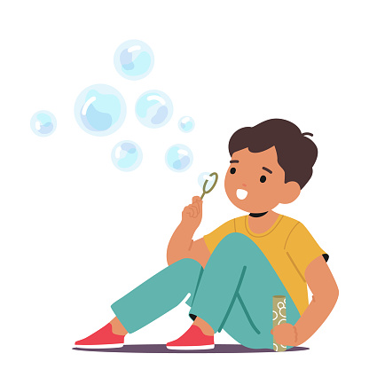 Little Child Boy Character Playfully Blow Delicate Soap Bubbles, Marveling At Their Iridescent Colors And Fragile Existence, Creating Moments Of Innocent Delight. Cartoon People Vector Illustration